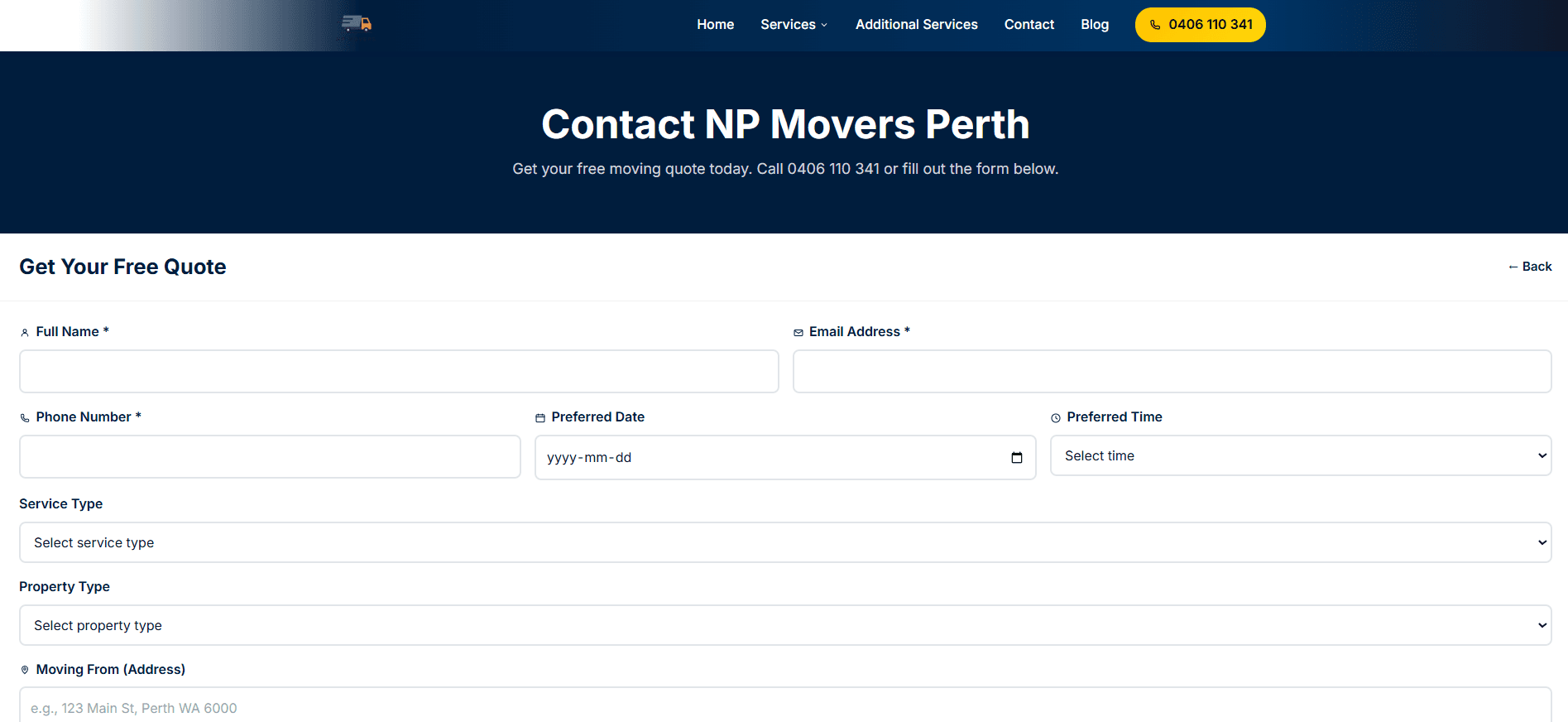 NP movers contact form