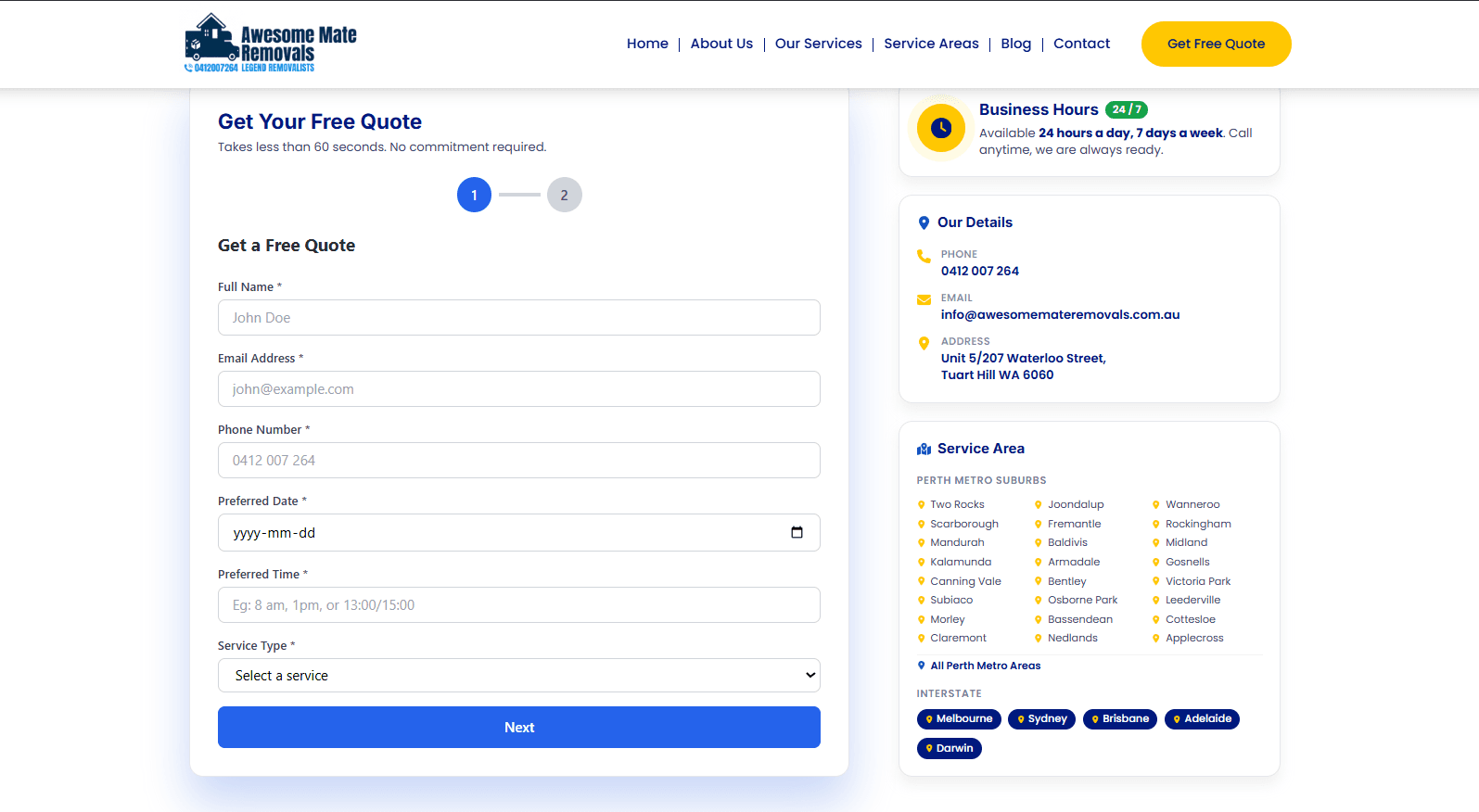 Awesome Mate Remoavls Contact/Lead collection Form